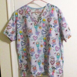 Jasco Large V-Neck Scrub Top With Hearts & Nurses Painting Print
